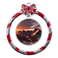 Landscape Mountains Nature Metal Red Ribbon Round Ornament