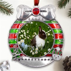 Rabbit Metal X mas Ribbon With Red Crystal Round Ornament by artworkshop