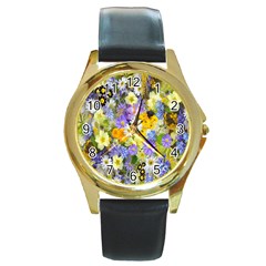 Spring Flowers Round Gold Metal Watch by artworkshop