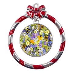 Spring Flowers Metal Red Ribbon Round Ornament by artworkshop