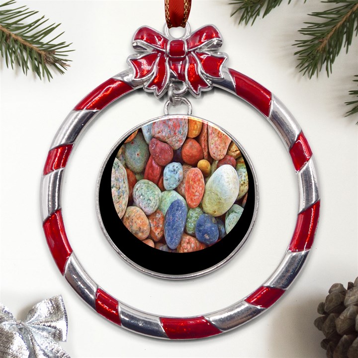 Stones Metal Red Ribbon Round Ornament