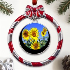 Sunflower Gift Metal Red Ribbon Round Ornament by artworkshop