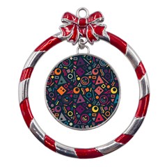 Doodle Pattern Metal Red Ribbon Round Ornament by Grandong