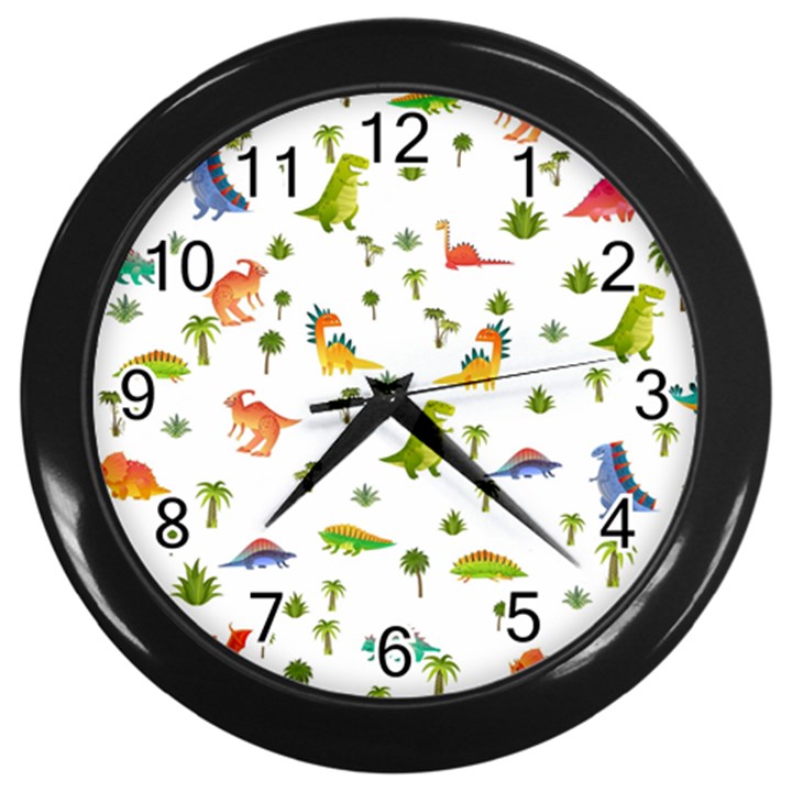 Vector Baby Dino Seamless Pattern Wall Clock (Black)