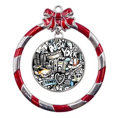 New York City Nyc Broadway Doodle Art Metal Red Ribbon Round Ornament by Grandong