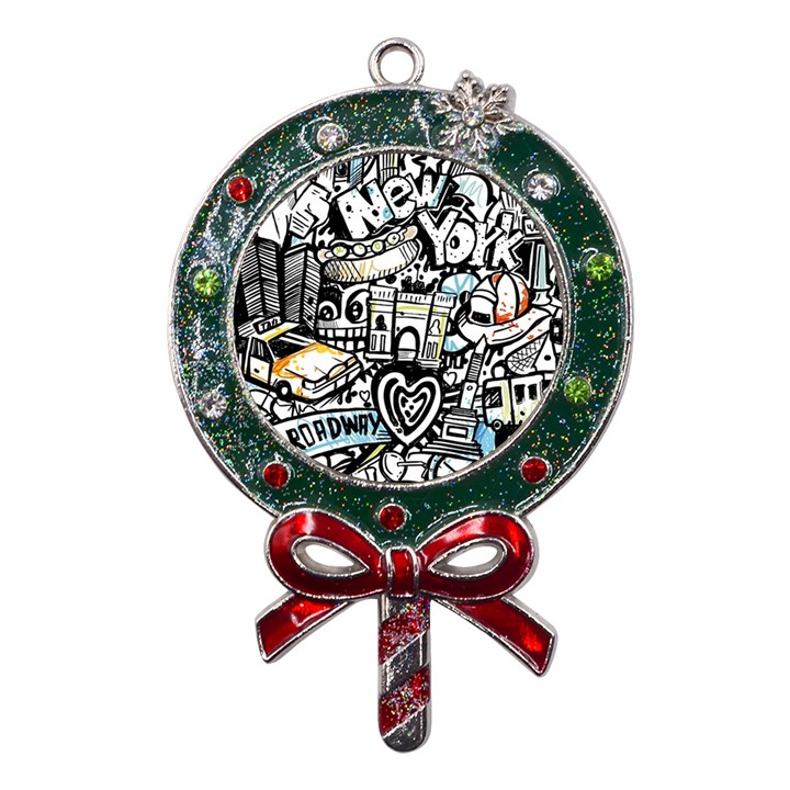 New York City Nyc Broadway Doodle Art Metal X Mas Lollipop with Crystal Ornament