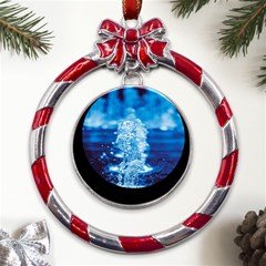 Water Blue Wallpaper Metal Red Ribbon Round Ornament by artworkshop