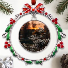 White Flower Metal X mas Wreath Ribbon Ornament by artworkshop