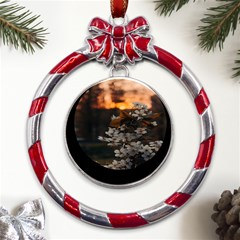 White Flower Metal Red Ribbon Round Ornament by artworkshop