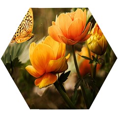 Yellow Butterfly Flower Wooden Puzzle Hexagon by artworkshop