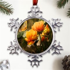 Yellow Butterfly Flower Metal Large Snowflake Ornament by artworkshop