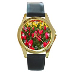 Yellow Pink Red Flowers Round Gold Metal Watch by artworkshop