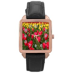 Yellow Pink Red Flowers Rose Gold Leather Watch  by artworkshop