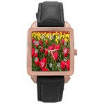 Yellow Pink Red Flowers Rose Gold Leather Watch  Front