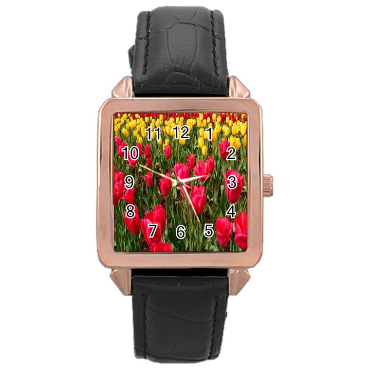 Yellow Pink Red Flowers Rose Gold Leather Watch 