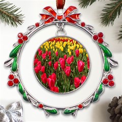 Yellow Pink Red Flowers Metal X mas Wreath Ribbon Ornament by artworkshop