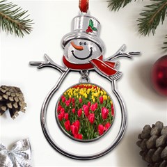 Yellow Pink Red Flowers Metal Snowman Ornament