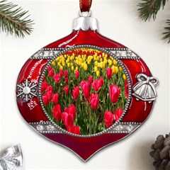 Yellow Pink Red Flowers Metal Snowflake And Bell Red Ornament by artworkshop