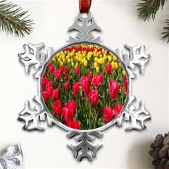 Yellow Pink Red Flowers Metal Small Snowflake Ornament by artworkshop