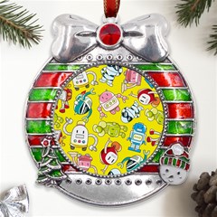 Robot Pattern Metal X mas Ribbon With Red Crystal Round Ornament by Grandong