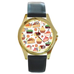 Dessert And Cake For Food Pattern Round Gold Metal Watch by Grandong