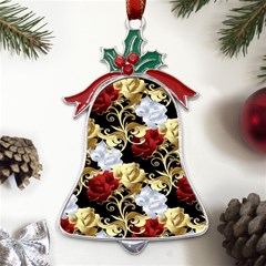 Roses Seamless Pattern Metal Holly Leaf Bell Ornament