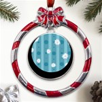 Gardenia Flowers White Blue Metal Red Ribbon Round Ornament Front