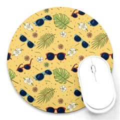 Seamless Pattern Of Sunglasses Tropical Leaves And Flower Round Mousepad by Grandong