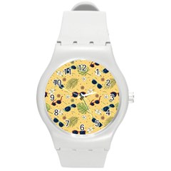 Seamless Pattern Of Sunglasses Tropical Leaves And Flower Round Plastic Sport Watch (M)