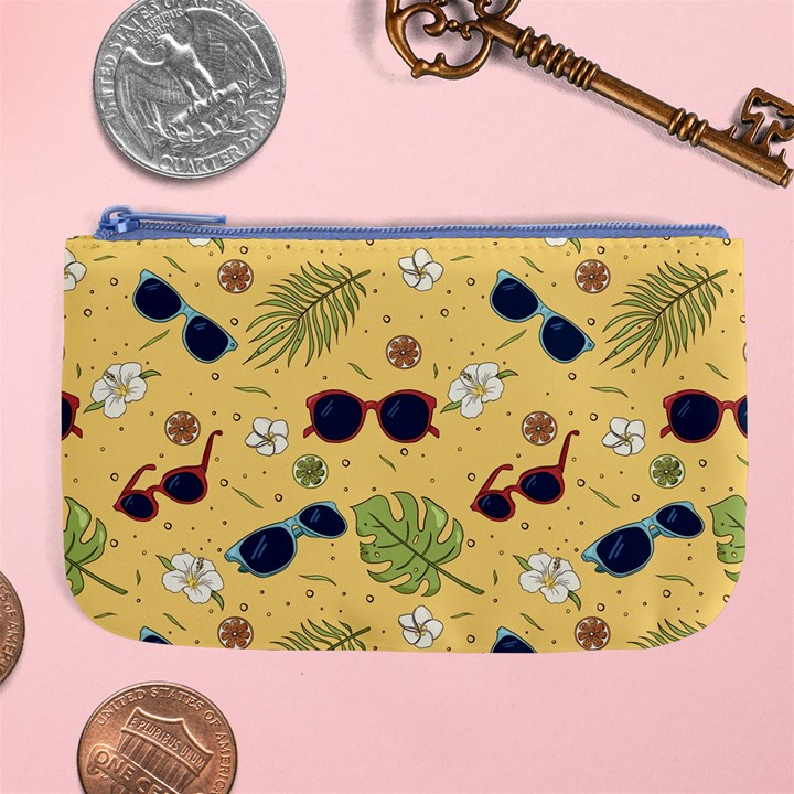 Seamless Pattern Of Sunglasses Tropical Leaves And Flower Large Coin Purse