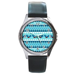 Blue Christmas Vintage Ethnic Seamless Pattern Round Metal Watch by Grandong