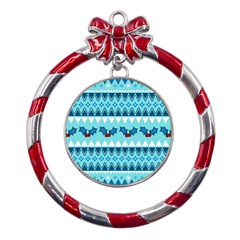 Blue Christmas Vintage Ethnic Seamless Pattern Metal Red Ribbon Round Ornament by Grandong