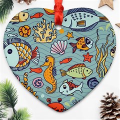 Cartoon Underwater Seamless Pattern With Crab Fish Seahorse Coral Marine Elements Ornament (heart) by Grandong