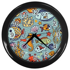 Cartoon Underwater Seamless Pattern With Crab Fish Seahorse Coral Marine Elements Wall Clock (black) by Grandong