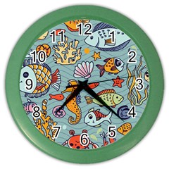 Cartoon Underwater Seamless Pattern With Crab Fish Seahorse Coral Marine Elements Color Wall Clock by Grandong