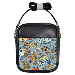 Cartoon Underwater Seamless Pattern With Crab Fish Seahorse Coral Marine Elements Girls Sling Bag by Grandong