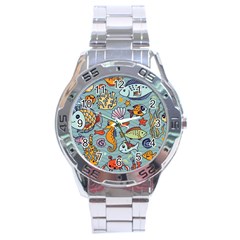 Cartoon Underwater Seamless Pattern With Crab Fish Seahorse Coral Marine Elements Stainless Steel Analogue Watch by Grandong