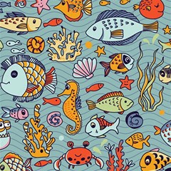 Cartoon Underwater Seamless Pattern With Crab Fish Seahorse Coral Marine Elements Play Mat (square) by Grandong