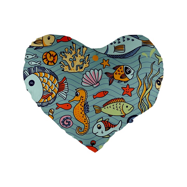 Cartoon Underwater Seamless Pattern With Crab Fish Seahorse Coral Marine Elements Standard 16  Premium Heart Shape Cushions