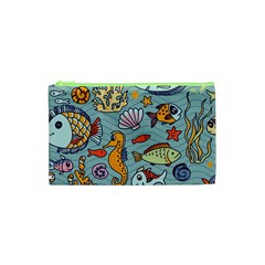 Cartoon Underwater Seamless Pattern With Crab Fish Seahorse Coral Marine Elements Cosmetic Bag (xs) by Grandong