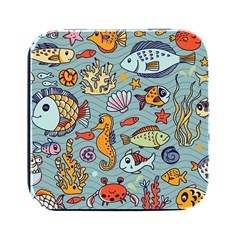 Cartoon Underwater Seamless Pattern With Crab Fish Seahorse Coral Marine Elements Square Metal Box (black) by Grandong