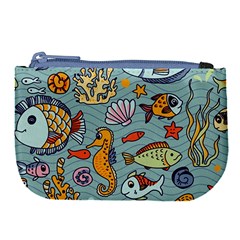 Cartoon Underwater Seamless Pattern With Crab Fish Seahorse Coral Marine Elements Large Coin Purse by Grandong