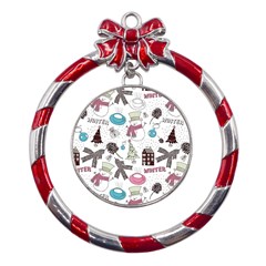 Christmas Themed Collage Winter House New Year Metal Red Ribbon Round Ornament by Grandong