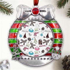 Christmas Themed Collage Winter House New Year Metal X mas Ribbon With Red Crystal Round Ornament by Grandong