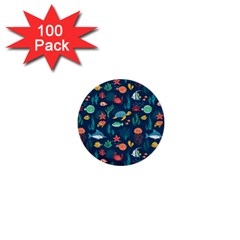 Variety Of Fish Illustration Turtle Jellyfish Art Texture 1  Mini Buttons (100 Pack)  by Grandong