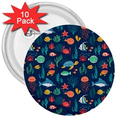 Variety Of Fish Illustration Turtle Jellyfish Art Texture 3  Buttons (10 Pack)  by Grandong