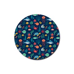 Variety Of Fish Illustration Turtle Jellyfish Art Texture Rubber Round Coaster (4 Pack) by Grandong