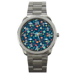 Variety Of Fish Illustration Turtle Jellyfish Art Texture Sport Metal Watch by Grandong