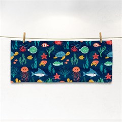 Variety Of Fish Illustration Turtle Jellyfish Art Texture Hand Towel by Grandong