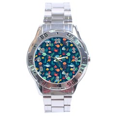 Variety Of Fish Illustration Turtle Jellyfish Art Texture Stainless Steel Analogue Watch